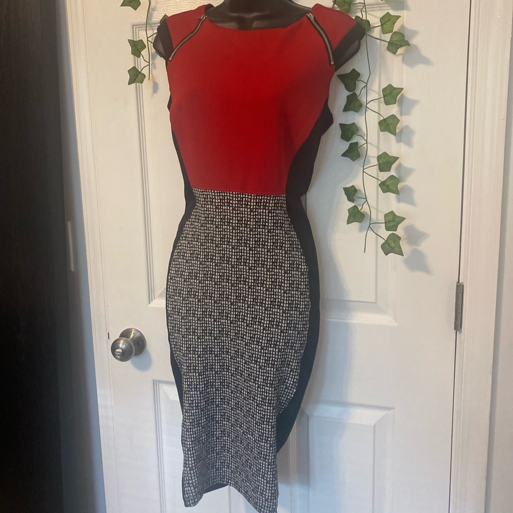 Red, whit, and Black color block Work Dress